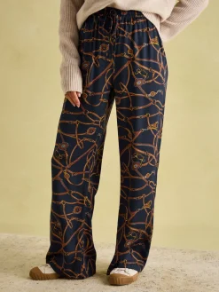 Navy Blue Bridle Wide Leg Printed Satin Trousers<Joules Online
