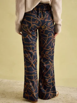 Navy Blue Bridle Wide Leg Printed Satin Trousers<Joules Online