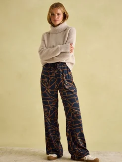 Navy Blue Bridle Wide Leg Printed Satin Trousers<Joules Online