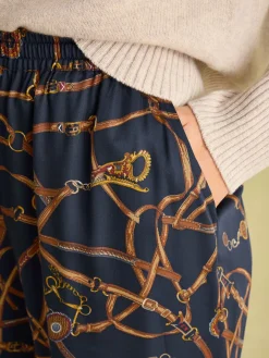 Navy Blue Bridle Wide Leg Printed Satin Trousers<Joules Online