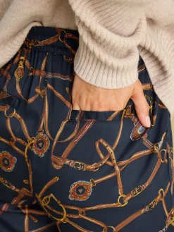 Navy Blue Bridle Wide Leg Printed Satin Trousers<Joules Online