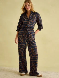 Navy Blue Bridle Wide Leg Printed Satin Trousers<Joules Online