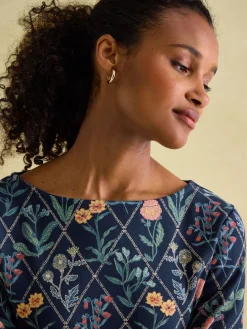 New Harbour Navy floral Boat Neck Breton Top<Joules Sale