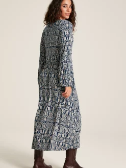 Nia Navy Blue Printed Long Sleeve Midaxi Dress With Pockets<Joules