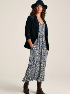 Nia Navy Blue Printed Long Sleeve Midaxi Dress With Pockets<Joules