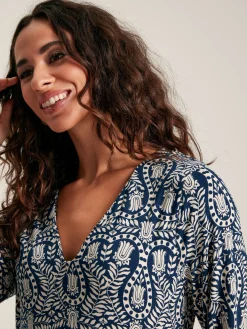 Nia Navy Blue Printed Long Sleeve Midaxi Dress With Pockets<Joules
