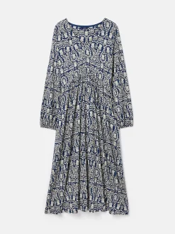 Nia Navy Blue Printed Long Sleeve Midaxi Dress With Pockets<Joules