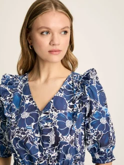 Rosalie Blue & White V-Neck Frill Dress<Joules Online