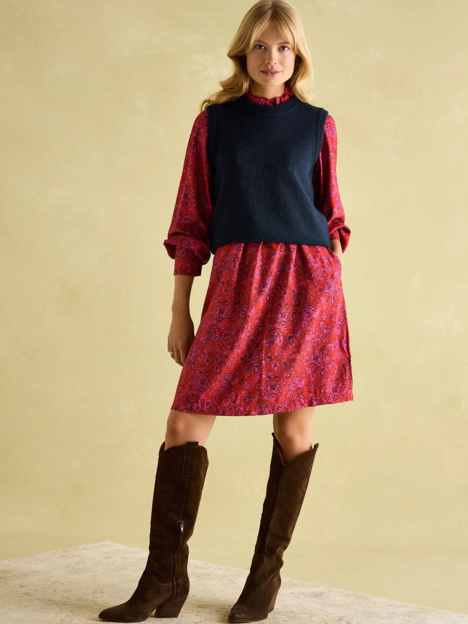 Rosette Red Floral Printed Dress with Pie Crust Neck<Joules