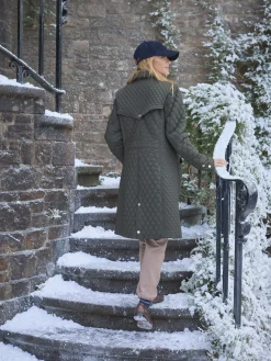 Rosewell Khaki Green Showerproof Longline Diamond Quilted Coat<Joules Outlet