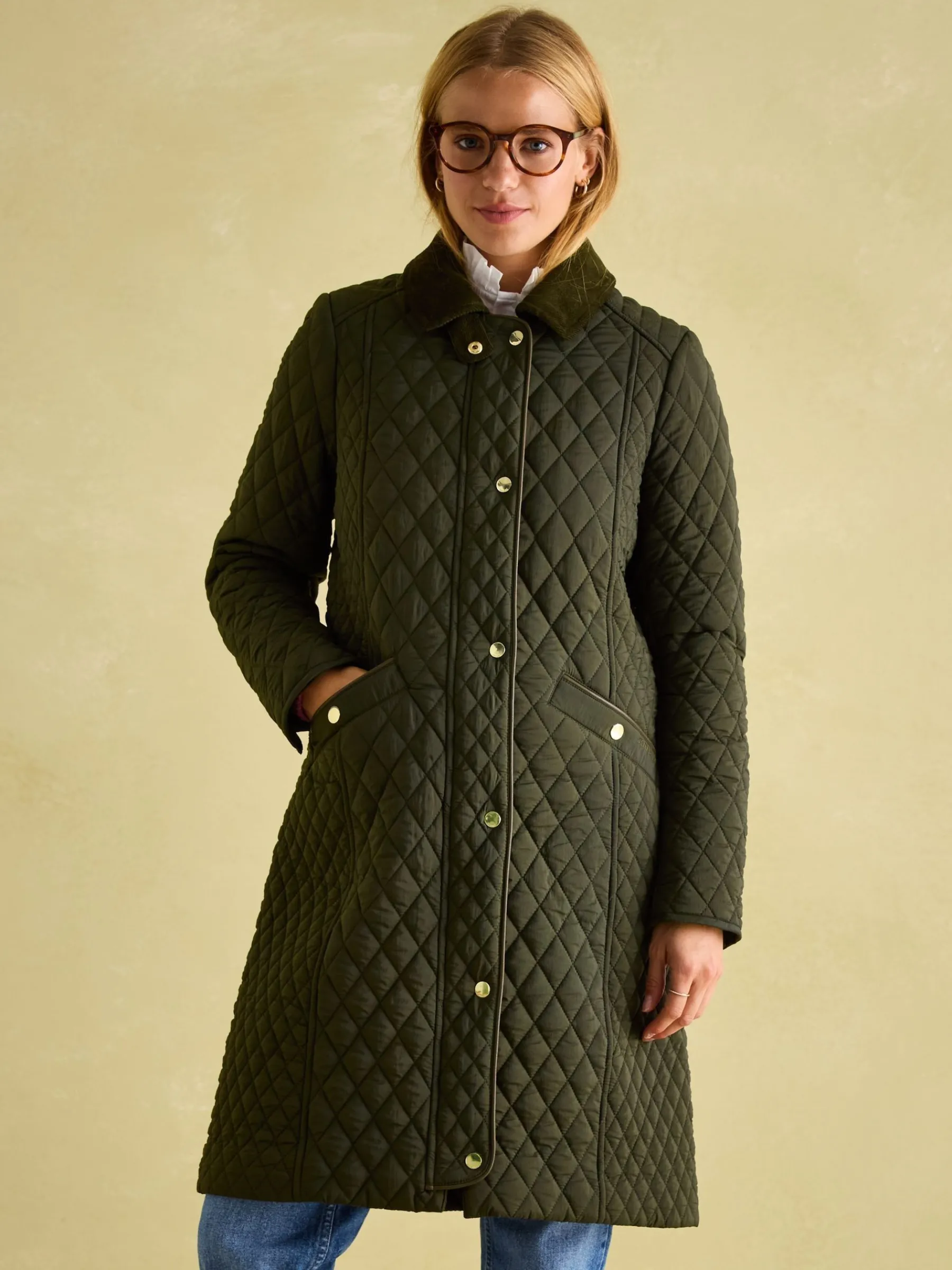 Rosewell Khaki Green Showerproof Longline Diamond Quilted Coat<Joules Outlet