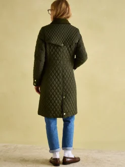 Rosewell Khaki Green Showerproof Longline Diamond Quilted Coat<Joules Outlet