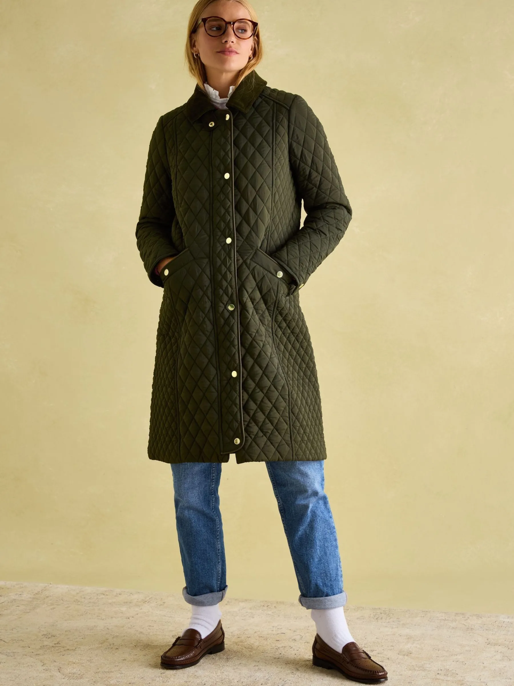 Rosewell Khaki Green Showerproof Longline Diamond Quilted Coat<Joules Outlet