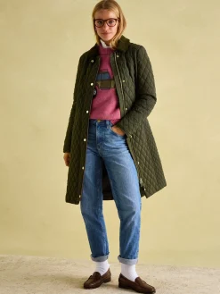 Rosewell Khaki Green Showerproof Longline Diamond Quilted Coat<Joules Outlet