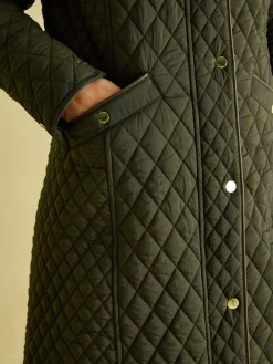 Rosewell Khaki Green Showerproof Longline Diamond Quilted Coat<Joules Outlet