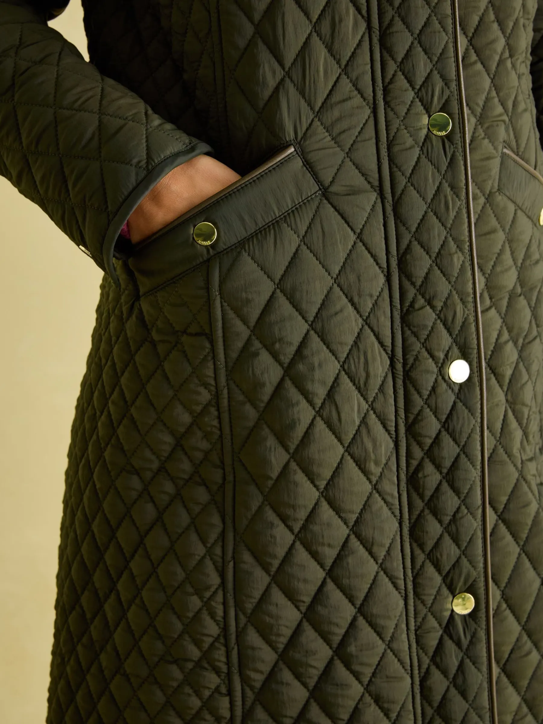 Rosewell Khaki Green Showerproof Longline Diamond Quilted Coat<Joules Outlet