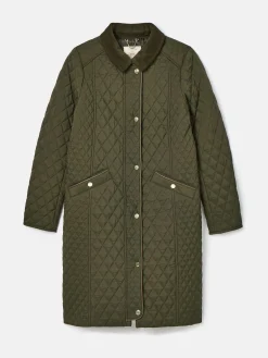 Rosewell Khaki Green Showerproof Longline Diamond Quilted Coat<Joules Outlet