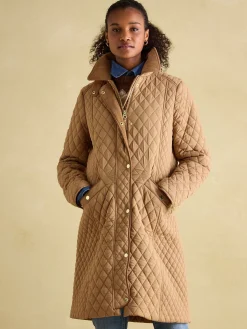 Rosewell Tan Brown Showerproof Longline Diamond Quilted Coat<Joules