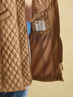 Rosewell Tan Brown Showerproof Longline Diamond Quilted Coat<Joules