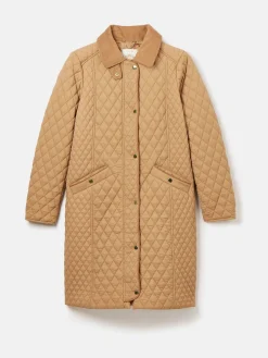 Rosewell Tan Brown Showerproof Longline Diamond Quilted Coat<Joules