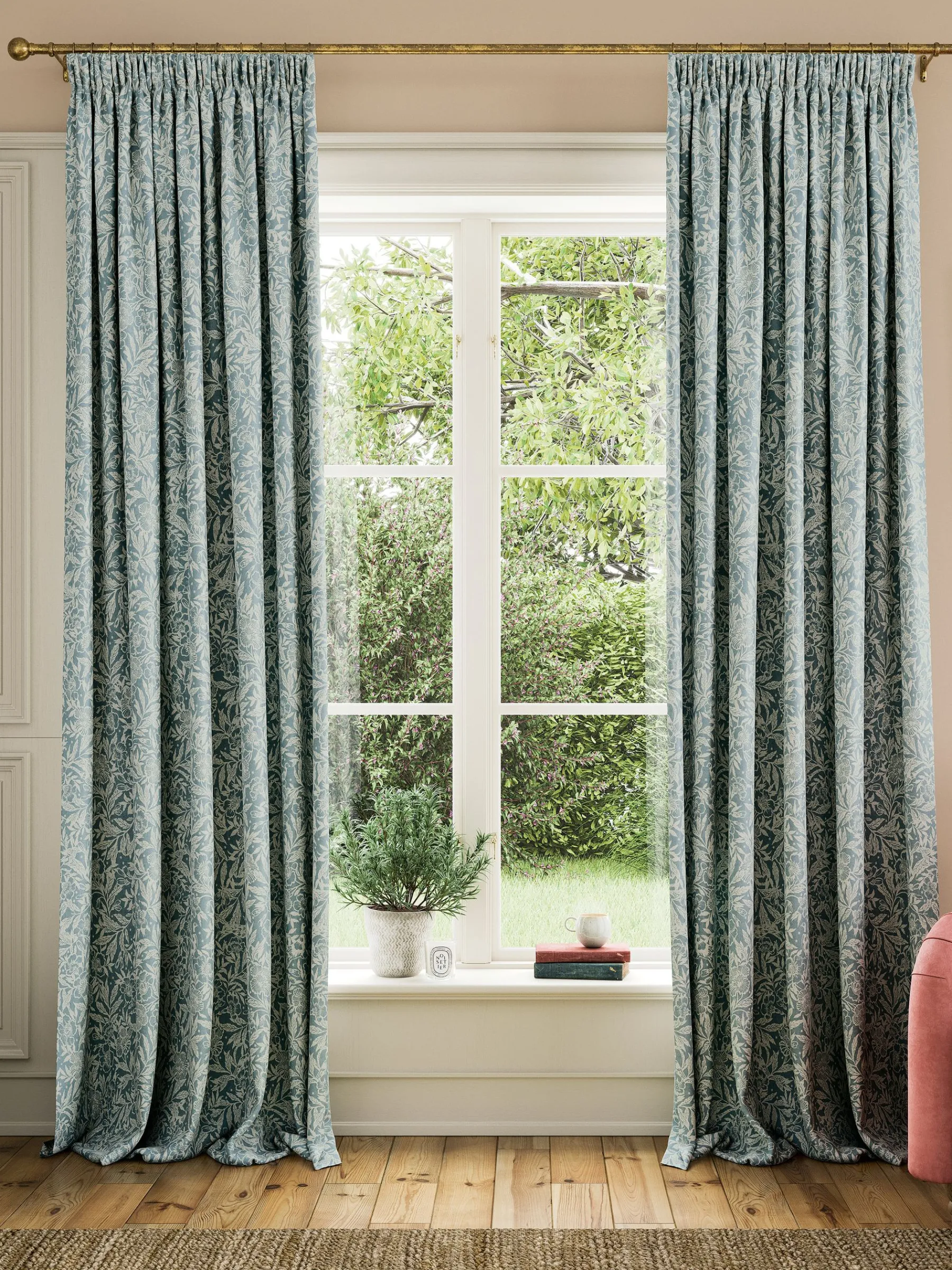 Twilight Ditsy Set of 2 Duck Egg Blackout Pencil Pleat Curtains<Joules New