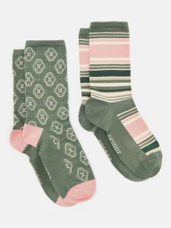 Women's Everyday Khaki Green 2 Pack Socks (size 4-8)<Joules Hot